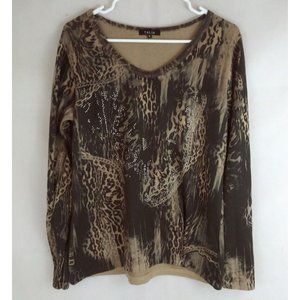Talia Women's Brown Beaded Animal Print Long Sleeve Shirt Size Medium